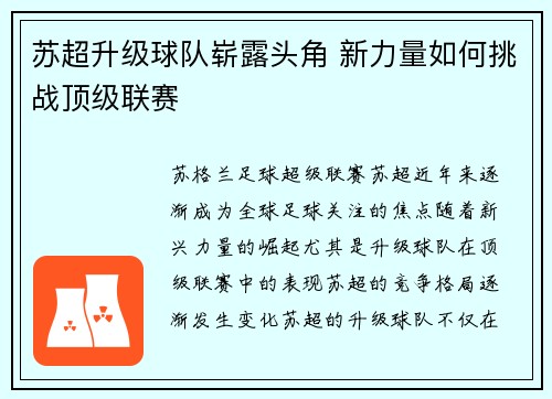 苏超升级球队崭露头角 新力量如何挑战顶级联赛