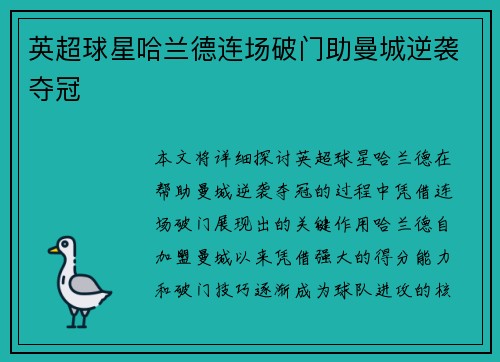 英超球星哈兰德连场破门助曼城逆袭夺冠