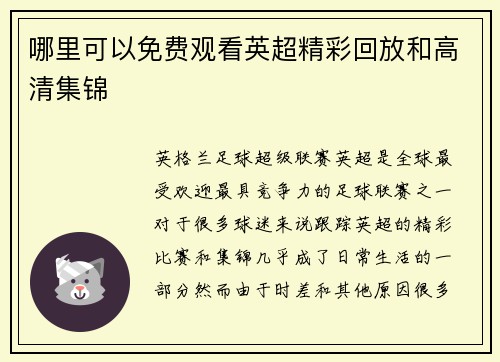 哪里可以免费观看英超精彩回放和高清集锦