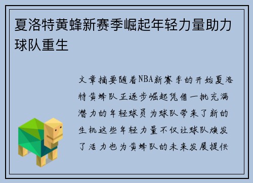 夏洛特黄蜂新赛季崛起年轻力量助力球队重生